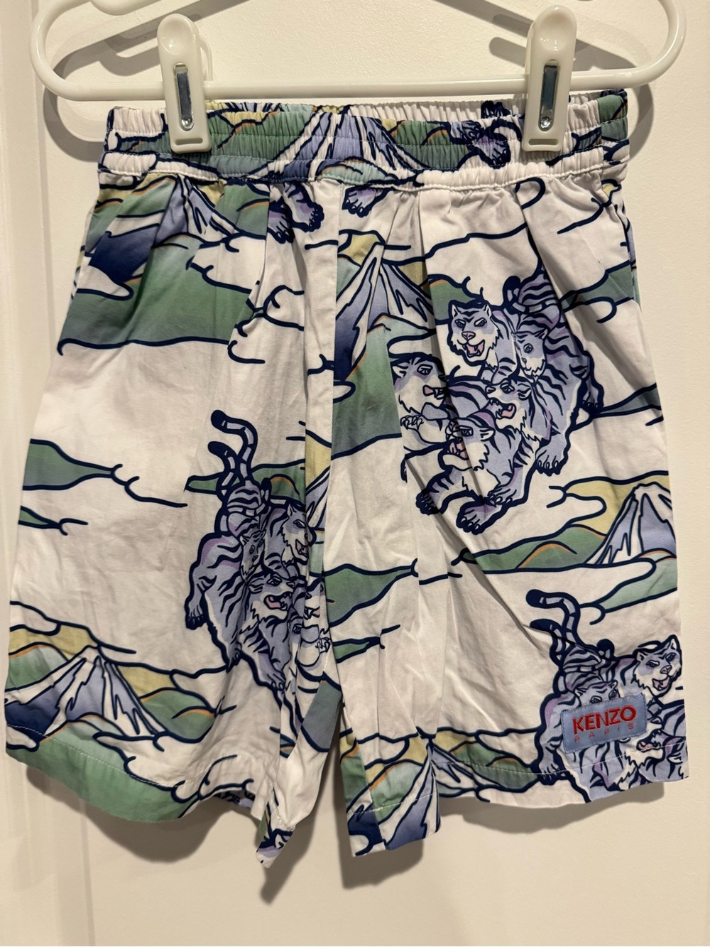 Kenzo Kids White, Green & Blue Tiger Print Shorts
